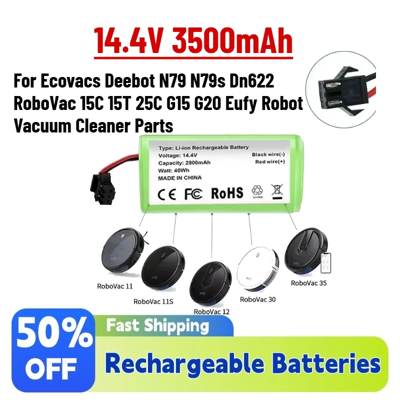 

High-Quality 14.4V 3500mAh Battery for Ecovacs Deebot N79 N79s Dn622 RoboVac 15C 15T 25C G15 G20 Eufy Robot Vacuum Cleaner Parts