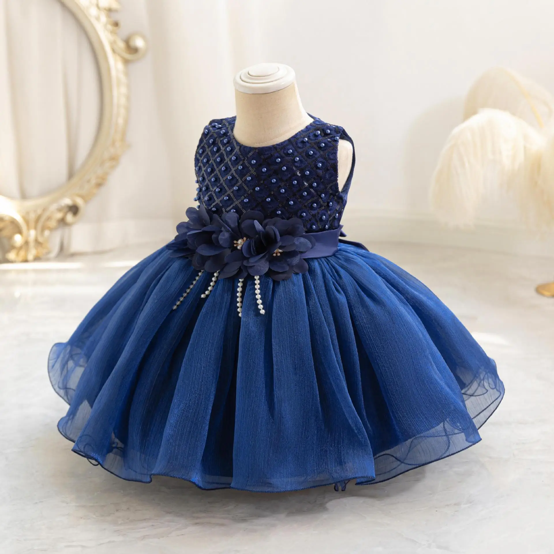 HETISO Pearl Princess Dress for Girls Cute Mesh Tulle Party Gown Festive Quinceanera Dress Suitable for Ages 6M-4 Years