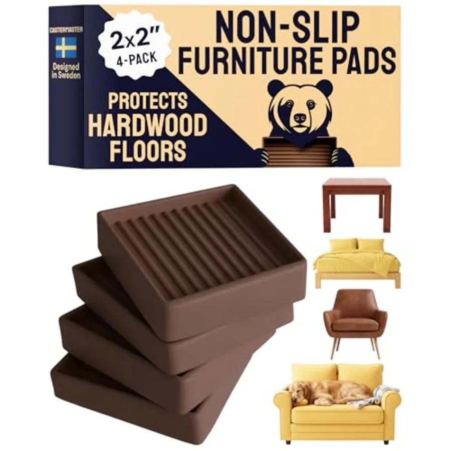 

Non Slip Furniture Pads - 2 in x 2 in Brown 4 Pack - Chair Leg Floor Protectors and Furniture Sliders for Hardwood, Vinyl and T