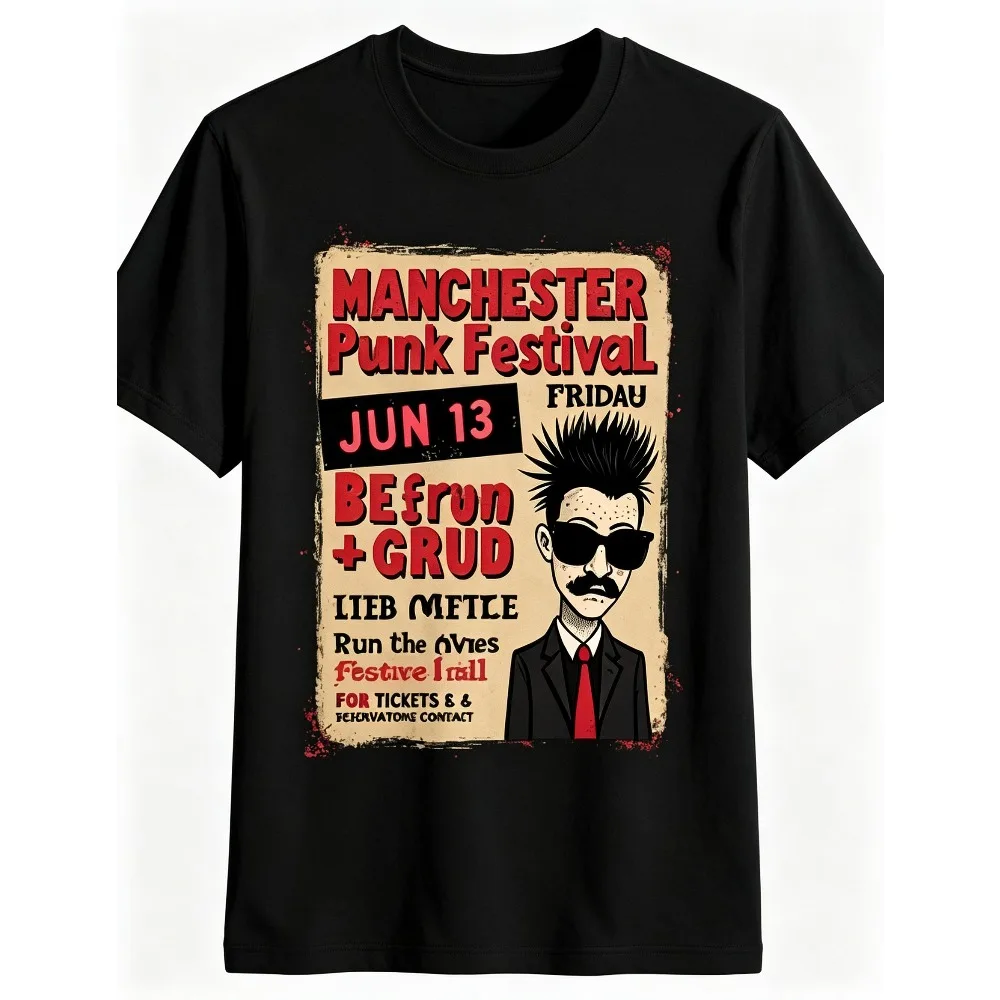 2026 New Vintage Punk Festival Poster Graphic T-shirt, Retro Cartoon Character Print, Unisex Round Neck Short Sleeve Street Top