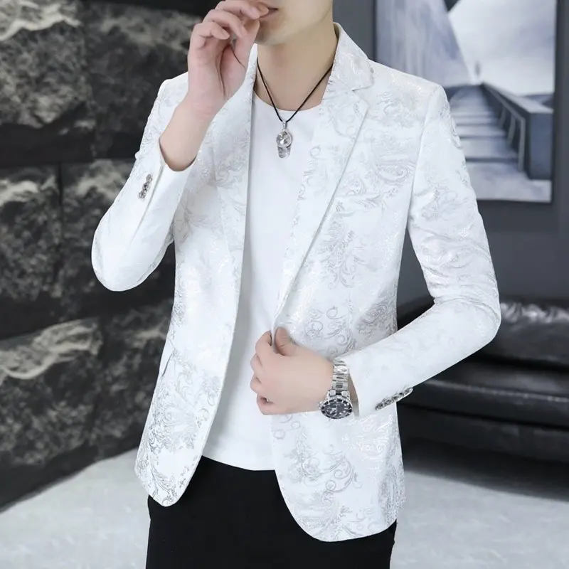 

Повседневный мужской костюм с принтом, приталенный, осенняя верхняя одежда, модный корейский стиль, из полиэфирного волокна, с длинными рукавами, на одной пуговице