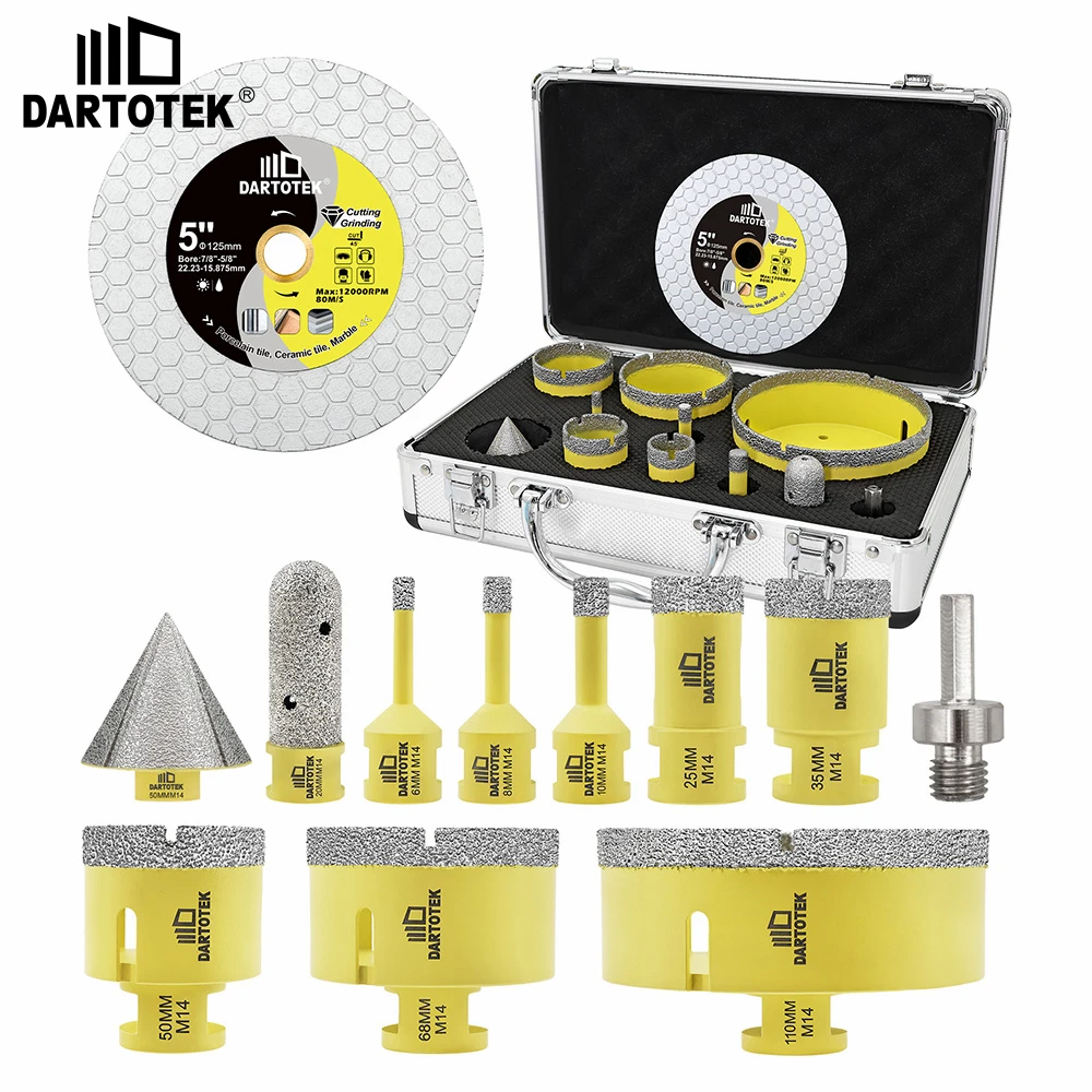 

DARTOTEK 12Pcs Diamond Drill Core Bit Set Dia6-110mm Hole Saw Opener+50mm Chamfer+125mm Cutting Disc M14 Marble Tile Tool Kit