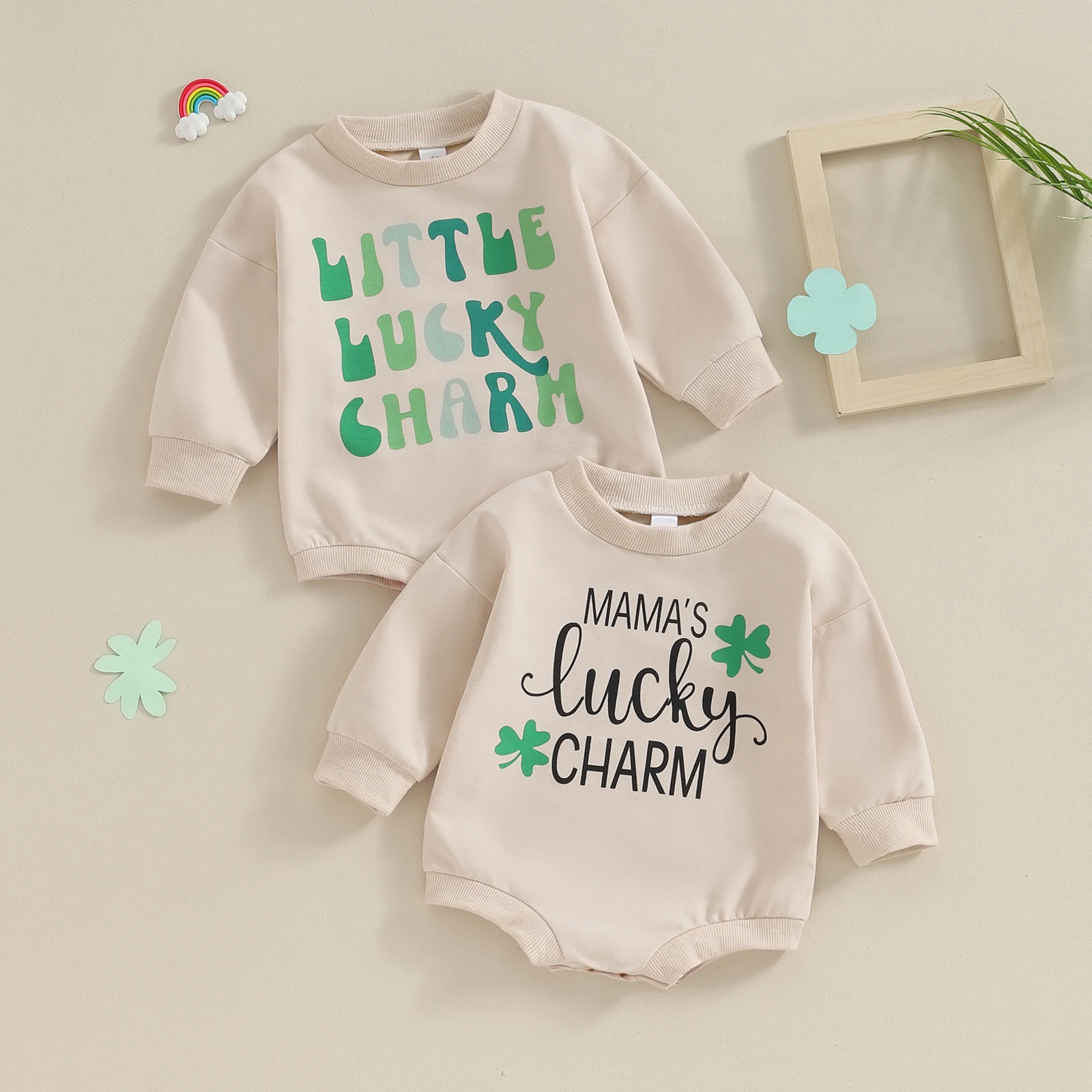 

Baby Sweatshirt Romper Spring Long Sleeve Four Leaf Clover Letter Pattern Bodysuit Newborn Baby Lucky St. Patrick 's Day Outfit