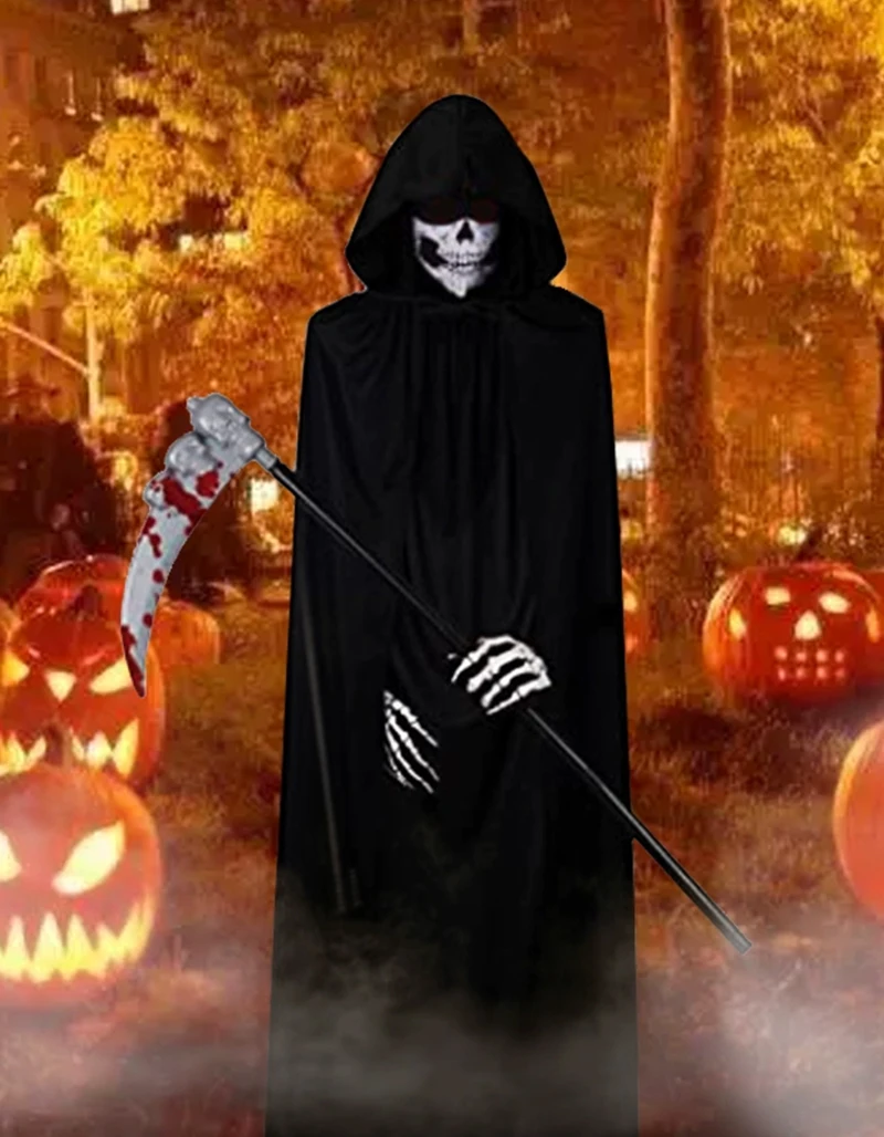 Halloween Grim Reaper Horror Costume Black Hooded Spooky Ghost Robe Dress Up Costume Adult Cosplay Mask Scythe Prop Party