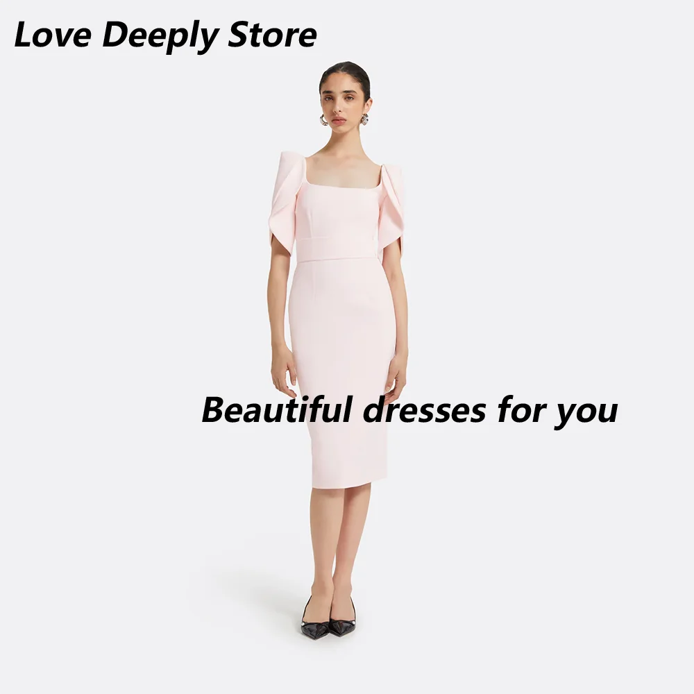 

Elegant Evening Dress for Women Square Neck Pleated Short Sleeves Evening Gowns Column Baby Pink Wedding Guest Dress Customized