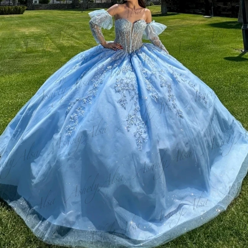 Customized Sky Blue Mexican Women Prom Birthday Party Dresses  Sleeve Illusion Bodice Ball Gown Dancing Vestido 15 Quinceanera