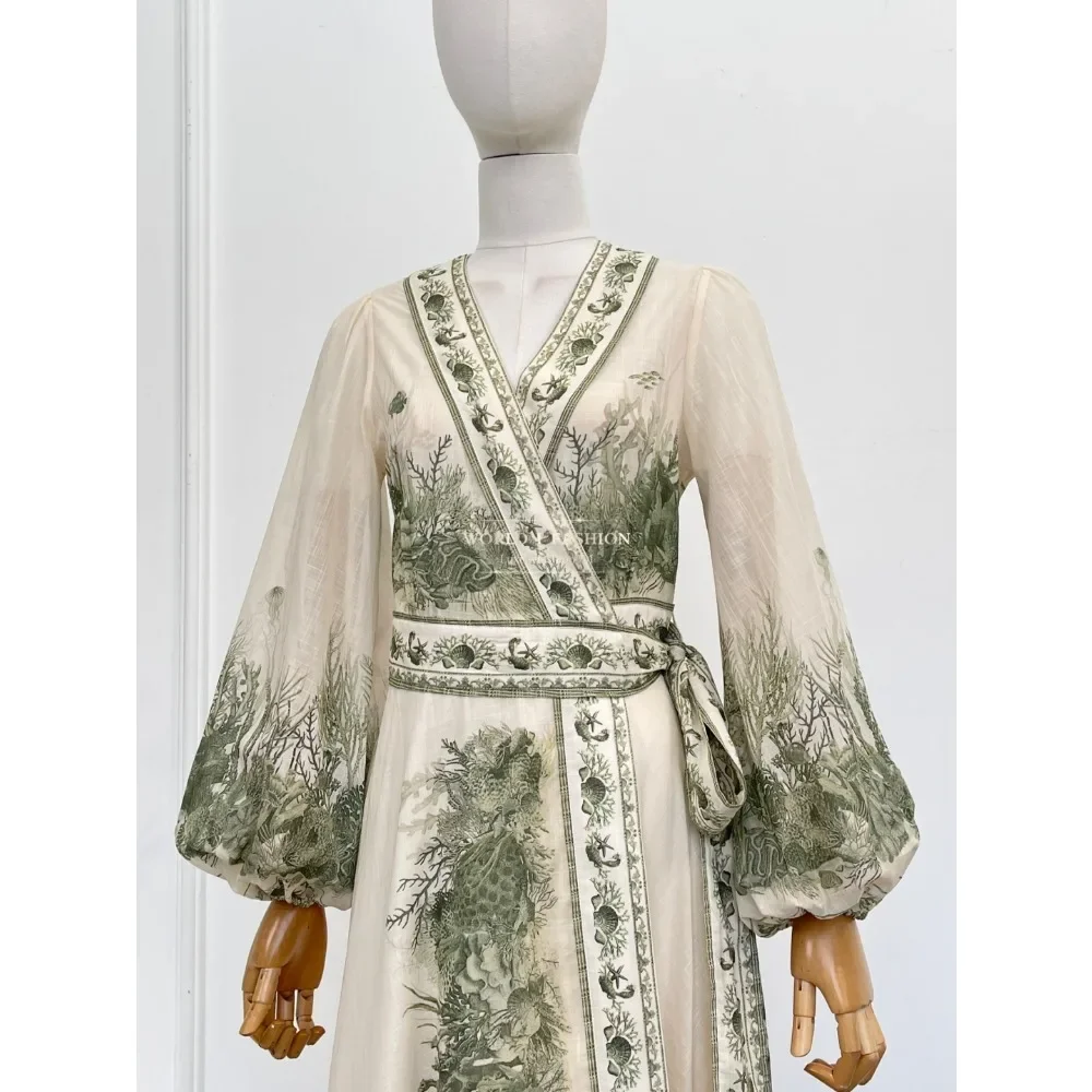 فستان نسائي أبيض وأخضر بنمط نباتي مطبوع بأكمام طويلة فستان متوسط الطول من القطن عالي الجودة