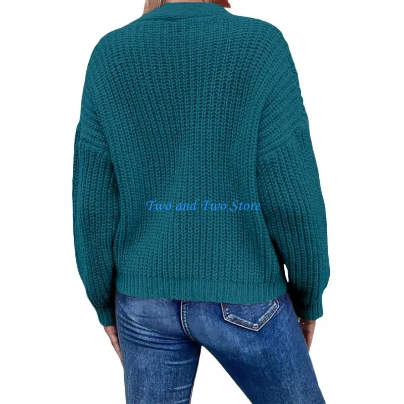 HX6F Women's Button Up Cropped Cardigan Sweaters Chunky Knit Long Sleeve Trendy Cardigans