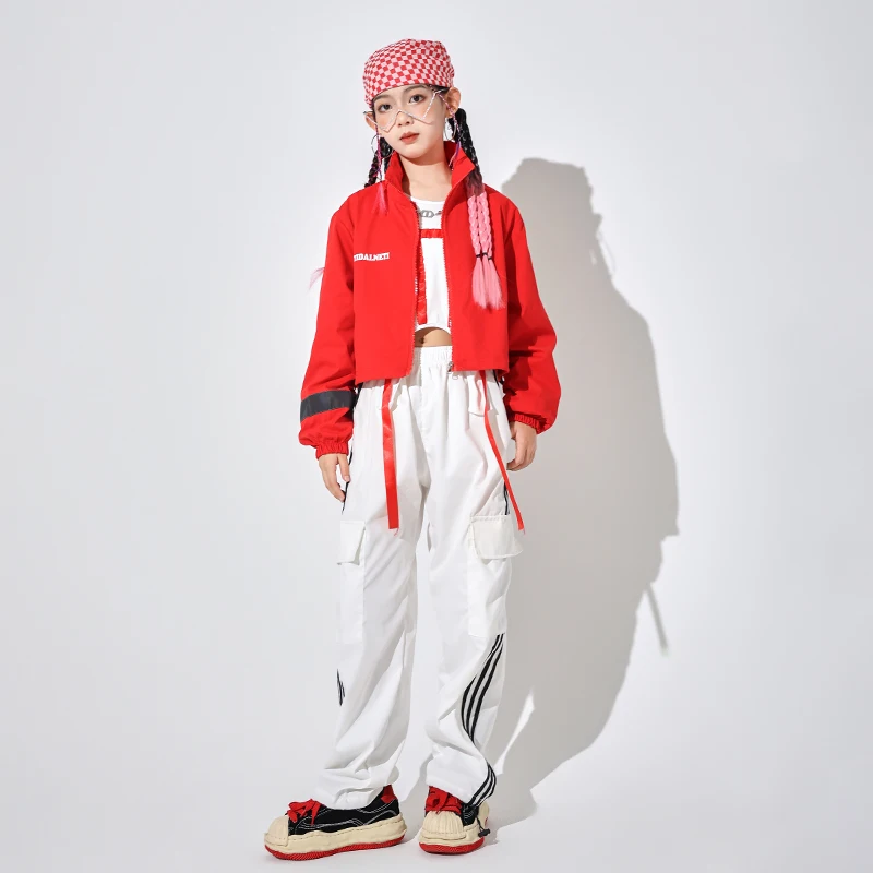 Kids Kpop Hip Hop Clothing Windbreaker Pullover Jacket Crop Top Streetwear Cargo Pants for Girls Boys Jazz Dance Costume Clothes