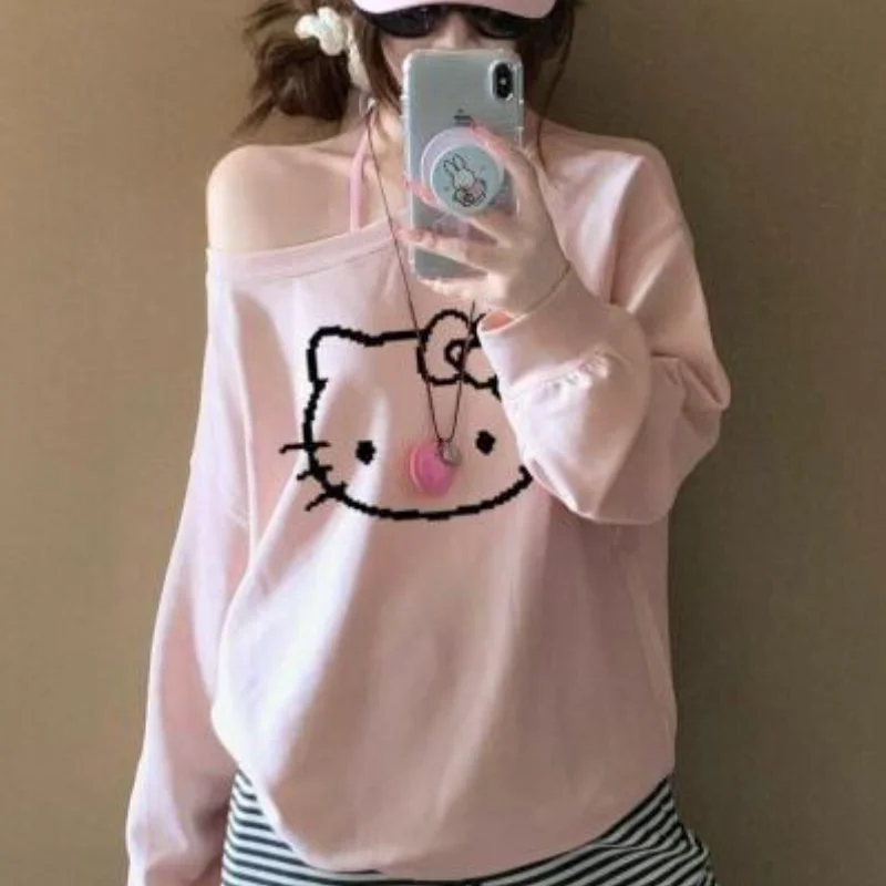 Женская футболка Sanrio Hello Kitty, топы с открытыми плечами, топ из смесового хлопка, осенне-зимний повседневный топ с милым мультяшным принтом в корейском стиле