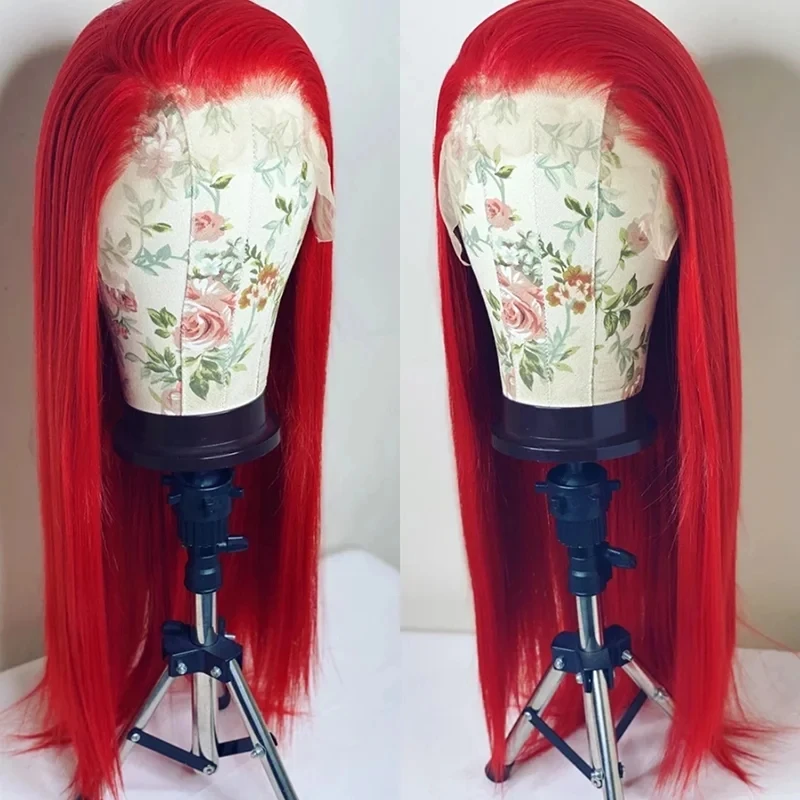 QW  Silky Straight Bright Red Colored Wig Soft Synthetic Hair Lace Wigs 13x4 Lace Front Wig Heat Resistant Fiber Cosplay