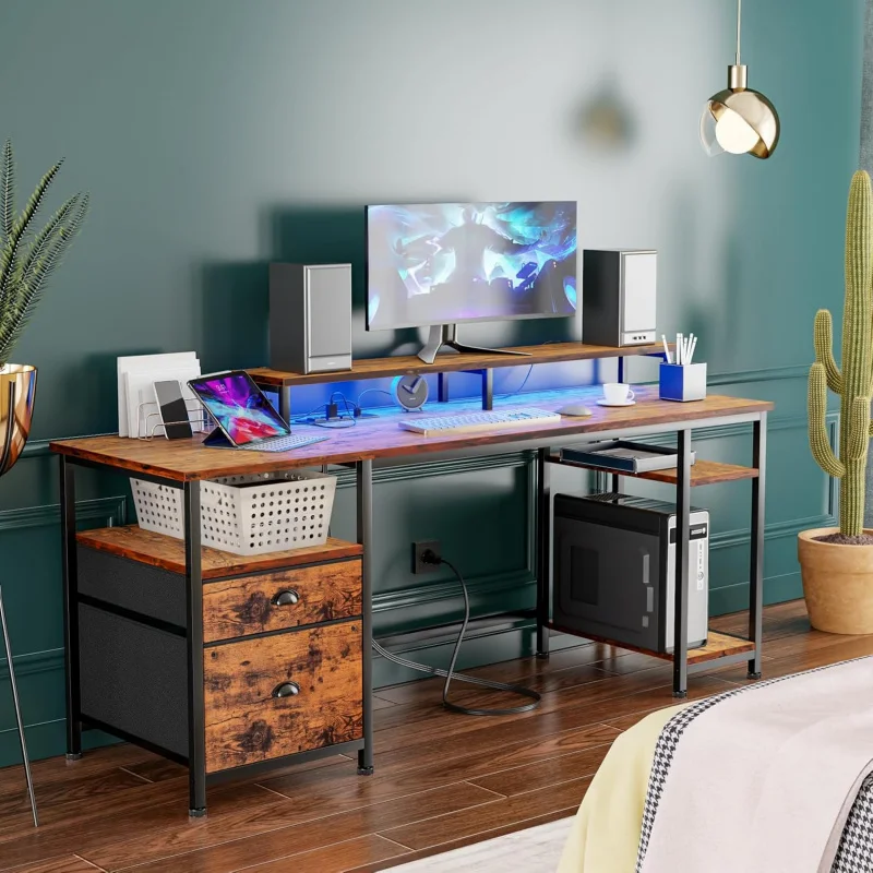 61 Computer Desk with Power Outlet and LED Lights, Desk with Fabric File Cabinet Drawer, Large Reversible Table with Shelves an