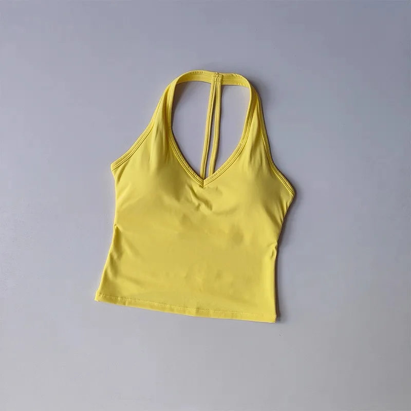 Women's Sexy V-Neck Fitness Bra Nude Sports Bra Hanging Neck Yoga Suit Vest Comfortable Breathable Gym Top for Active Wear
