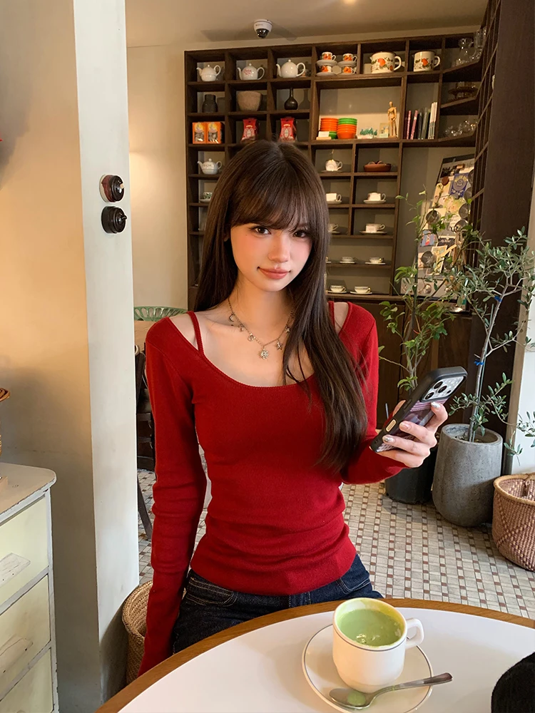 

Red Knitted Slim Fit One oulder Sweater New Year Aosphere Vintage Love Letter Sle Women's Winter Overhead Top