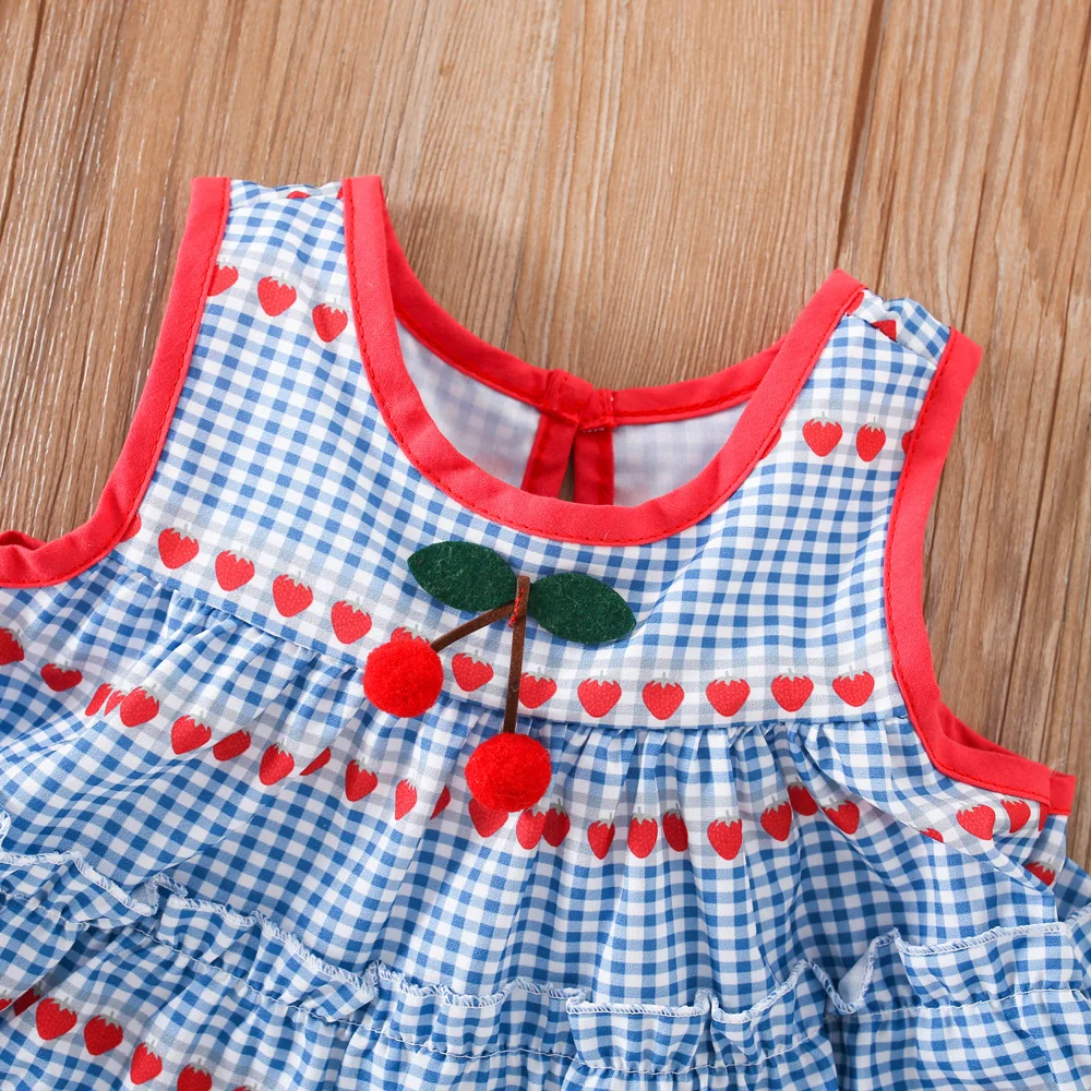 Summer Girls Dress With Heart-Shaped Checkered Print Cherry Crossbody Bag Baby Girls Dress (0-4 Years Old)