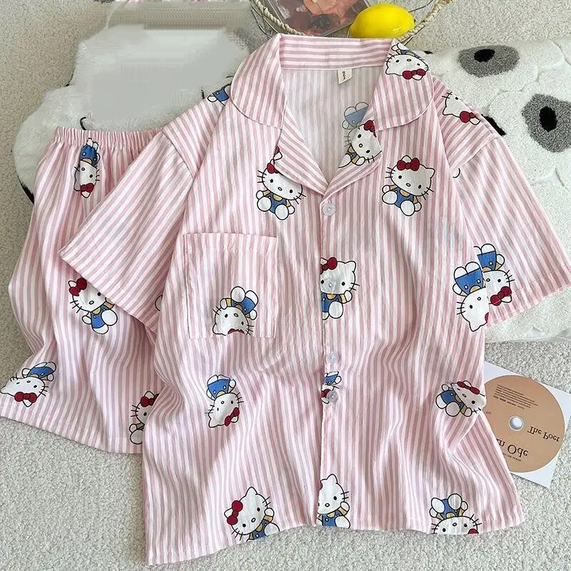 

Новый комплект женской пижамы из двух предметов: милые шорты и футболка с коротким рукавом в корейском стиле, с мультяшным аниме-принтом, дышащая домашняя одежда