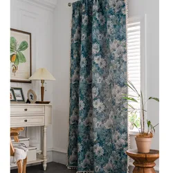 Blooming Flowers Print Curtains Drapes Blue Vintage for Living Room Bedroom Dining Thermal Insulated Blackout Window Decorations