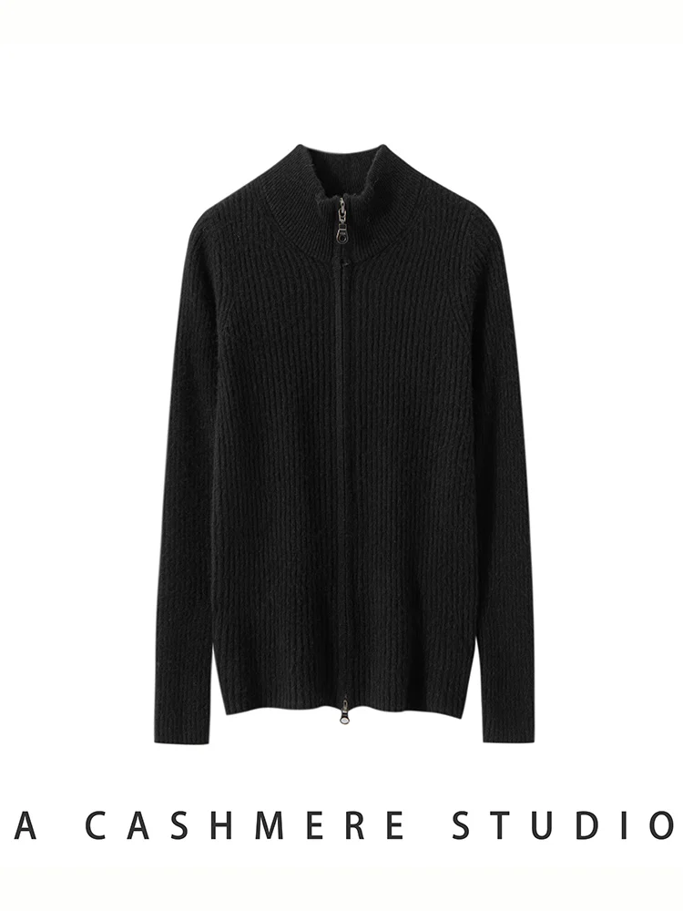 Addonee feminino 100% camisola de caxemira mock neck fino zíper cardigan casaco outono inverno grosso quente estilo simples casaco de caxemira