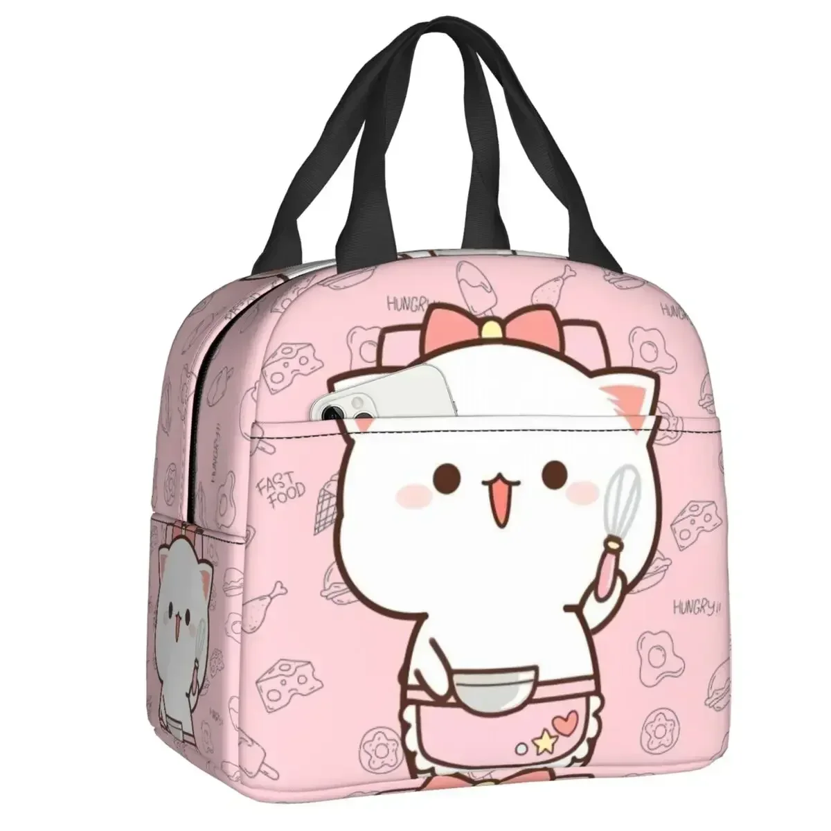 Mochi Cat Chef Bolsa de almuerzo con aislamiento de melocotón para pícnic al aire libre melocotón y Goma fiambrera térmica reutilizable mujeres niños