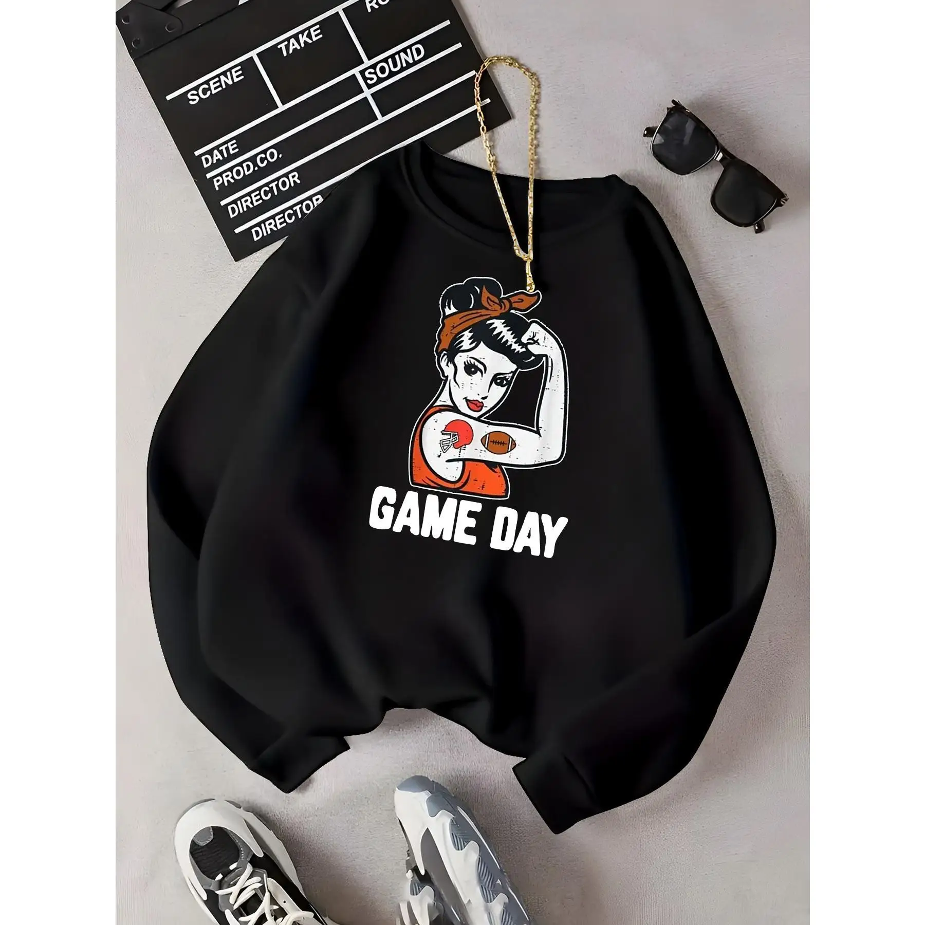 

Women's GAME DAY Football Sweatshirt Empowerment Graphic Pullover Fall Strong Woman Sporty Loose Long Sleeve Top