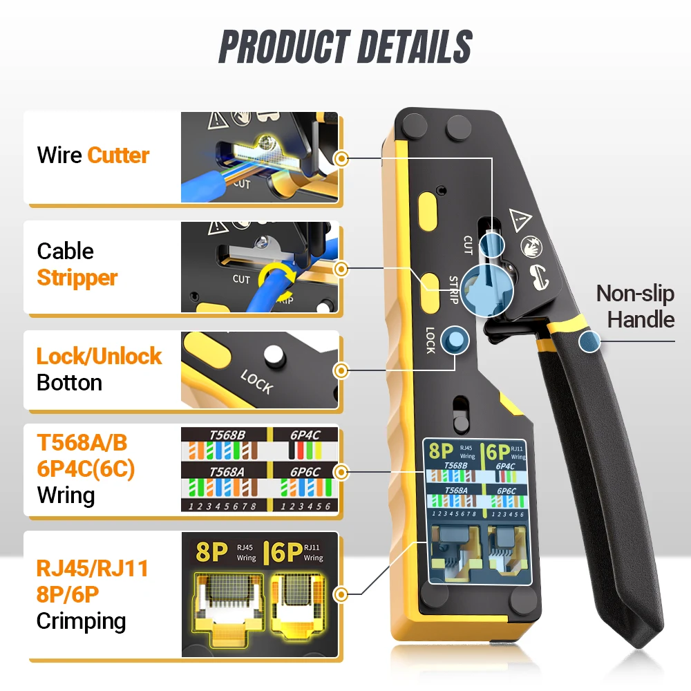 AMPCOM RJ45 Crimper Pass Through RJ45 Crimping Tool For CAT6 CAT5E Pass Thru Ethernet Modular Plugs 8P8C RJ11 Connectors