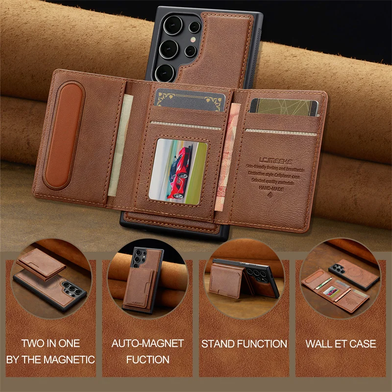2-in-1 Luxus-Leder-Handyhülle mit MagSafe-Kartenhalter für Samsung Galaxy S26 S25 S24 S23 S22 Ultra + FE