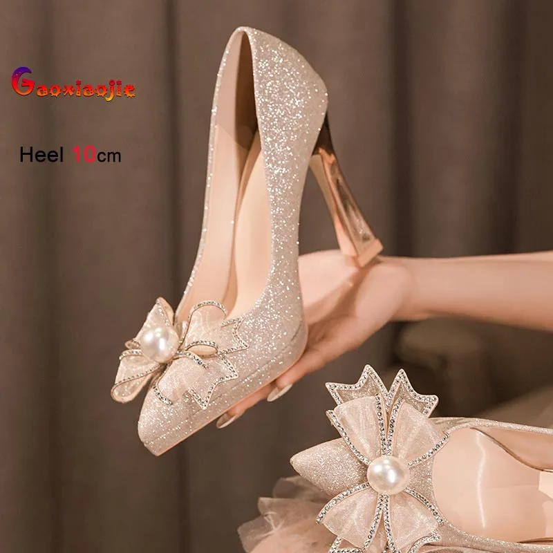 

Spring Fashion Women's Pumps Rhinestone Bow Shallow Mouth Pointy Toe Single Shoes Lady High Heels Elegant Wedding Bridal Shoes