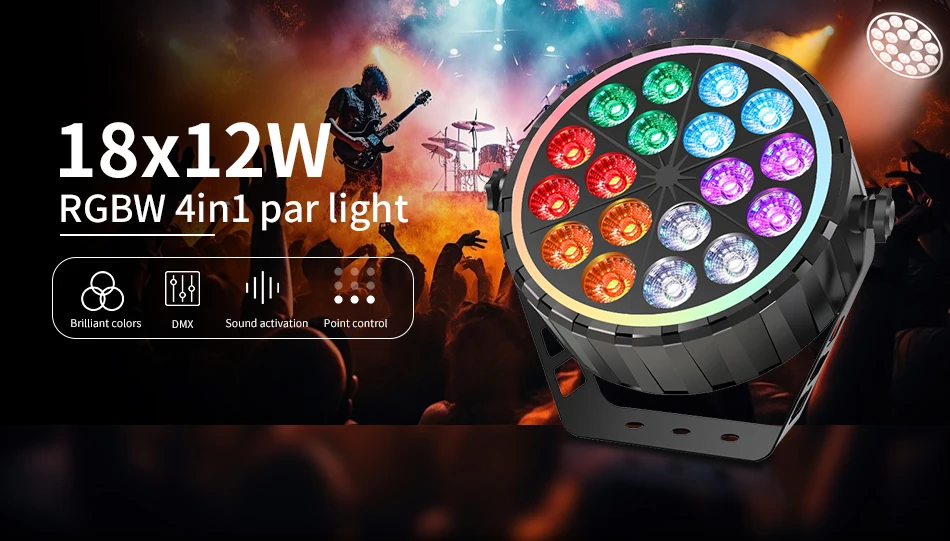 18x12W RGBW LED PAR-Licht, Fernbedienungsmodell, DMX512-gesteuertes LED-Farbwechsel-Bühnenlicht, Professionelles DJ-Equipment – Detail 1