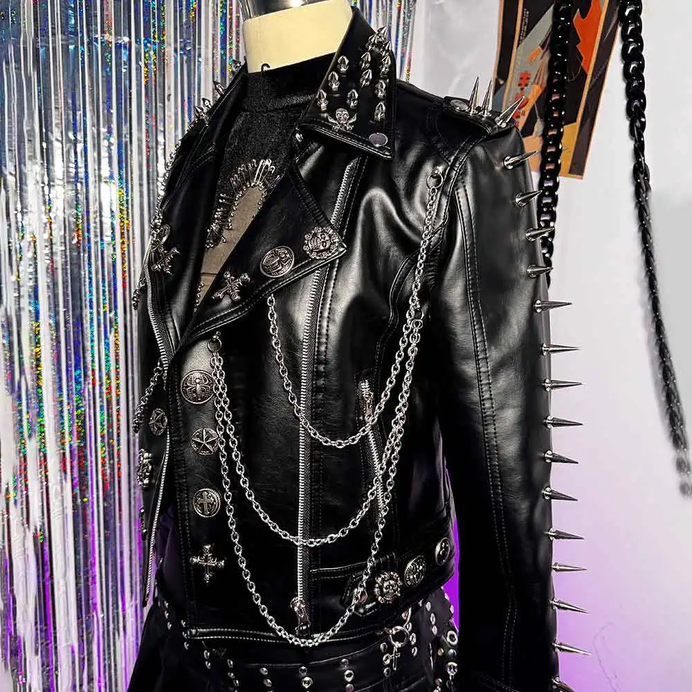 

Готический E-Girls Digital Glitch Core Skull Trendy Punk Rock Harajuku Chain Cross Street Wear Goth Y2K Куртка из искусственной кожи Клубная одежда
