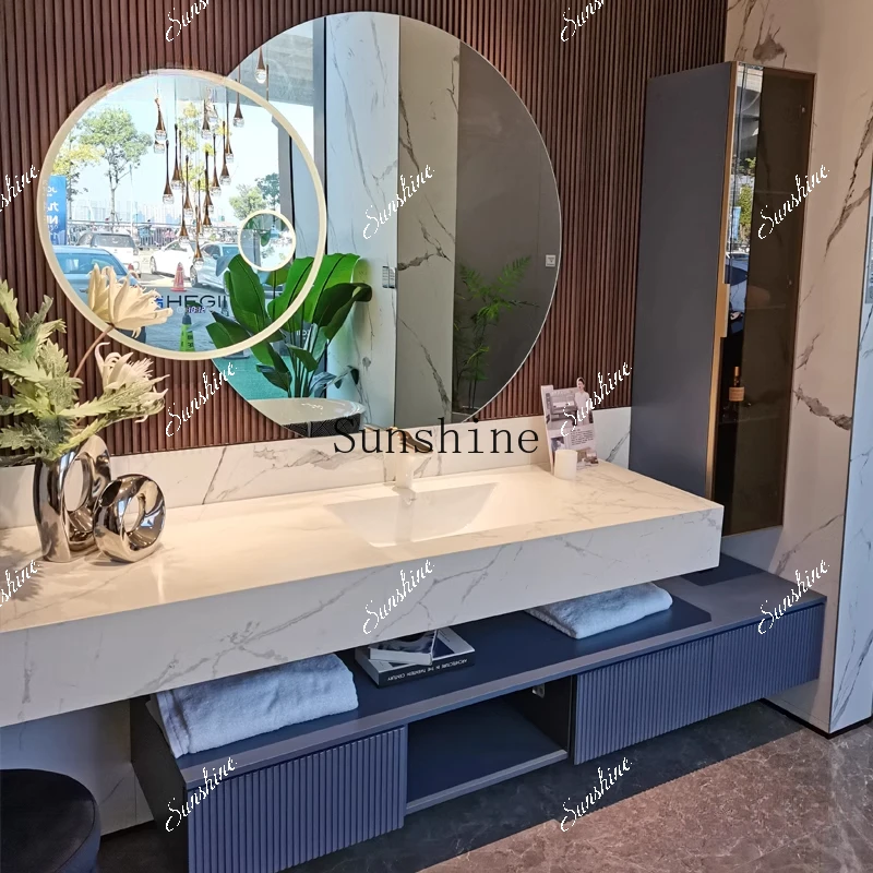 Customized solid wood bathroom cabinet combination washing slate seam-free integrated wash basin cabinet  FT