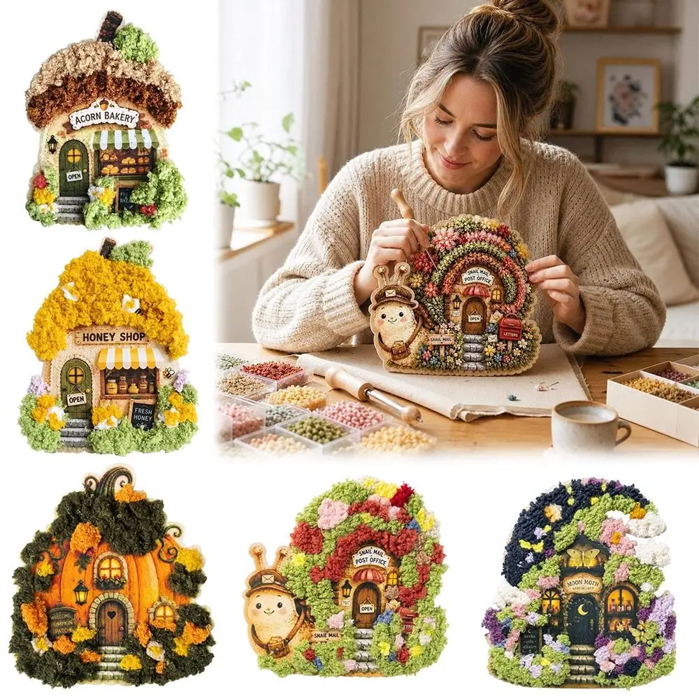 Whimsical Village 3D Fabric Poke Art Kit DIY Village Theme Floral Mushroom Cottage Craft Set 3D Textured Semi-finished Product