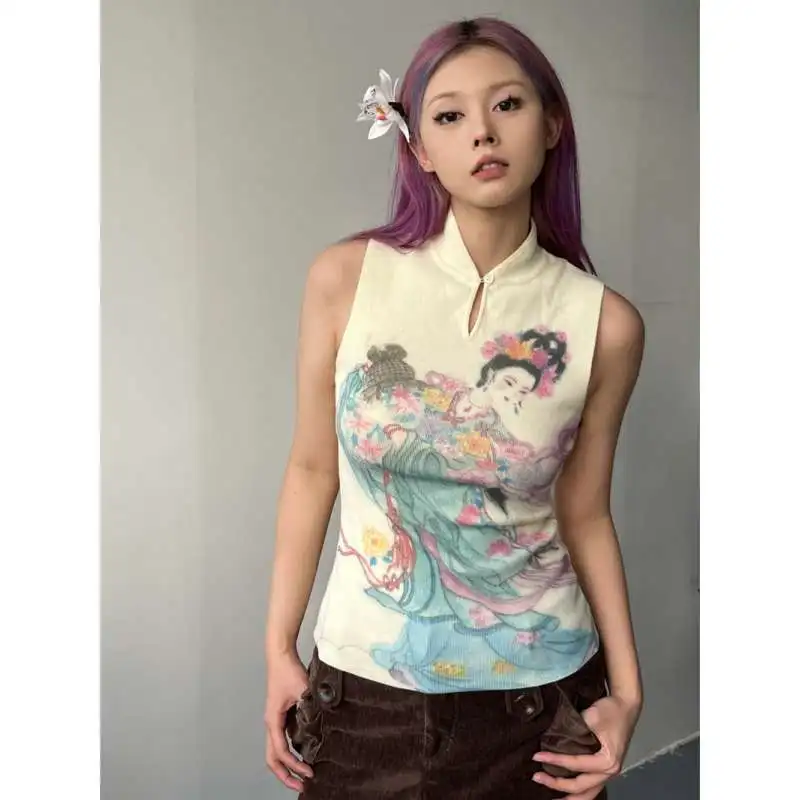 Print New Chinese Style Sexy Tanks Tops Vintage Y2k American Skinny Slim Waist Short Top Camis Stand Collar Sleeveless Women