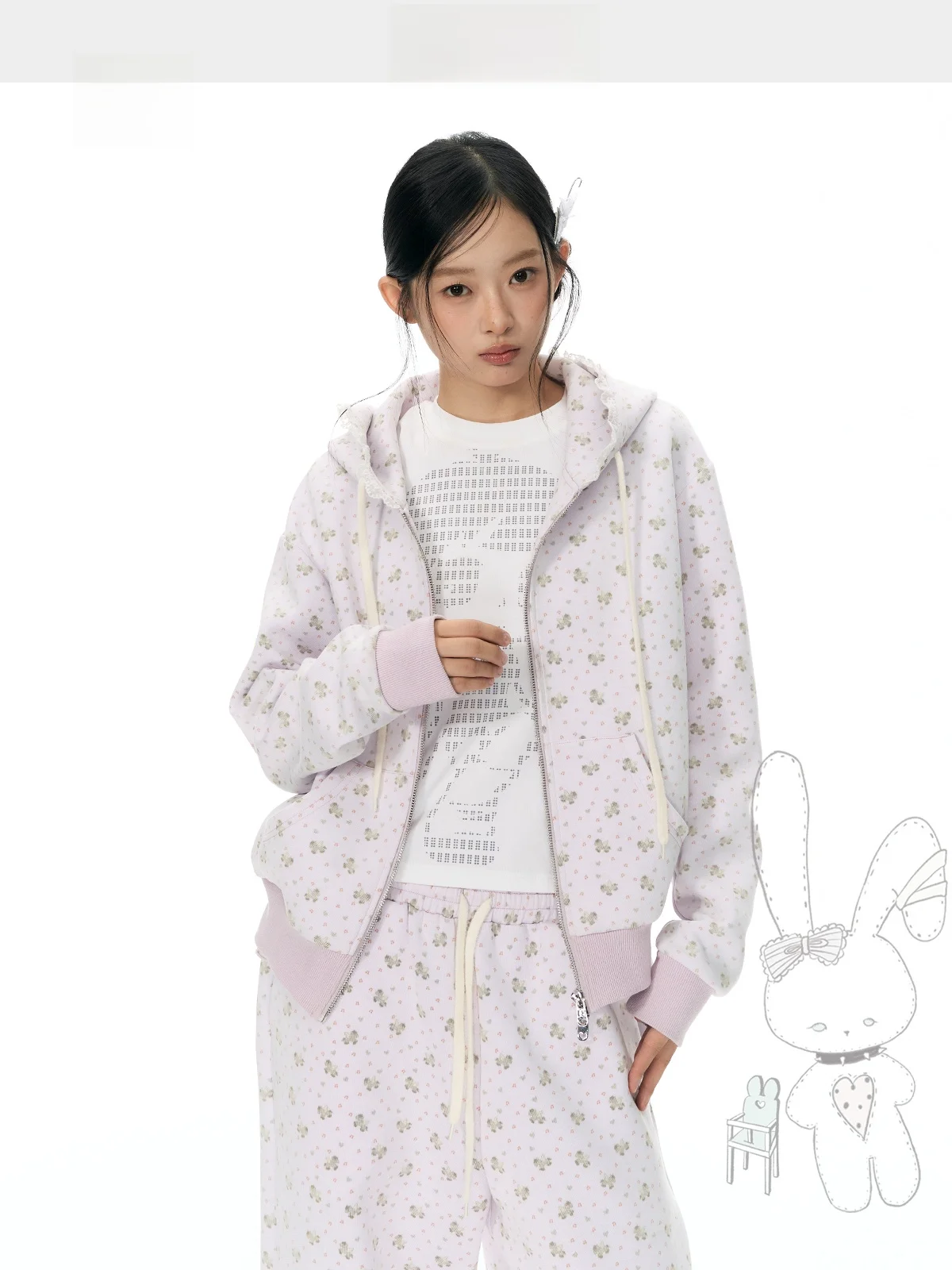 Original YUPH  Print Floral Purple Lazy Style Zipper Hoodie Jacket Women's Sweet Style Versatile Cotton Polyester Blend