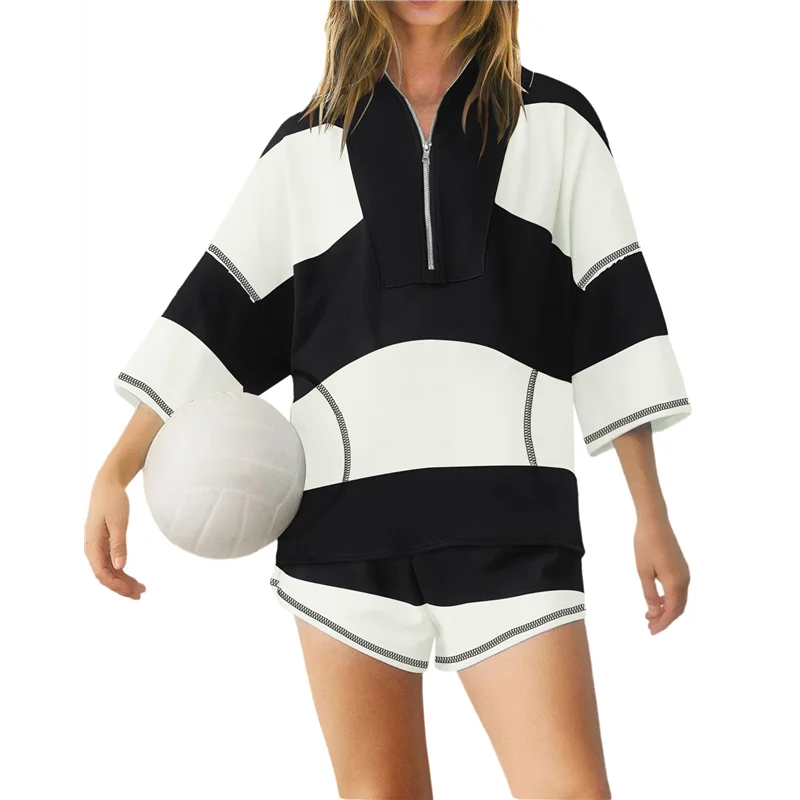 

A83F-Women Striped Workout Set Two Piece Outfit Tracksuit Oversized Lounge Set Top And Shorts Sets With Pockets