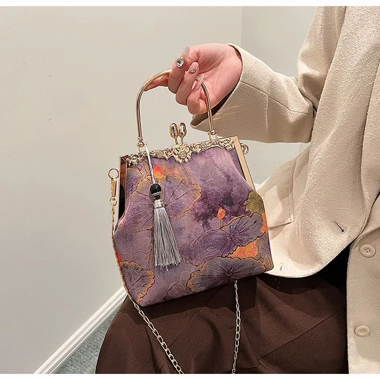 Vintage Purple Green Small Evening Bags Fashion Chinese Style Leaves Print Handbag For Women Chain Shoulder Bag Crossbody Party
