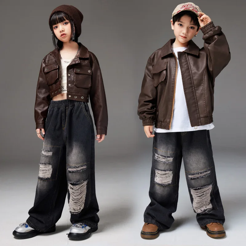 Children Jazz Dance Performance Costumes Brown Motorcycle Jacket Ripped Jeans Set Kpop Outfits for Girls Boys Hip Hop Stage Wear