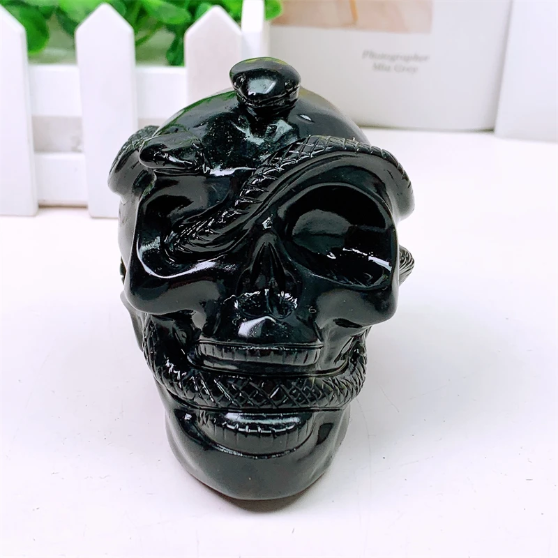 Natural Black Obsidian Snake with Skull, Mini Statue, Crystal Figurine, Room Decor, Halloween Decoration, Witchcraft Gift, 1Pc