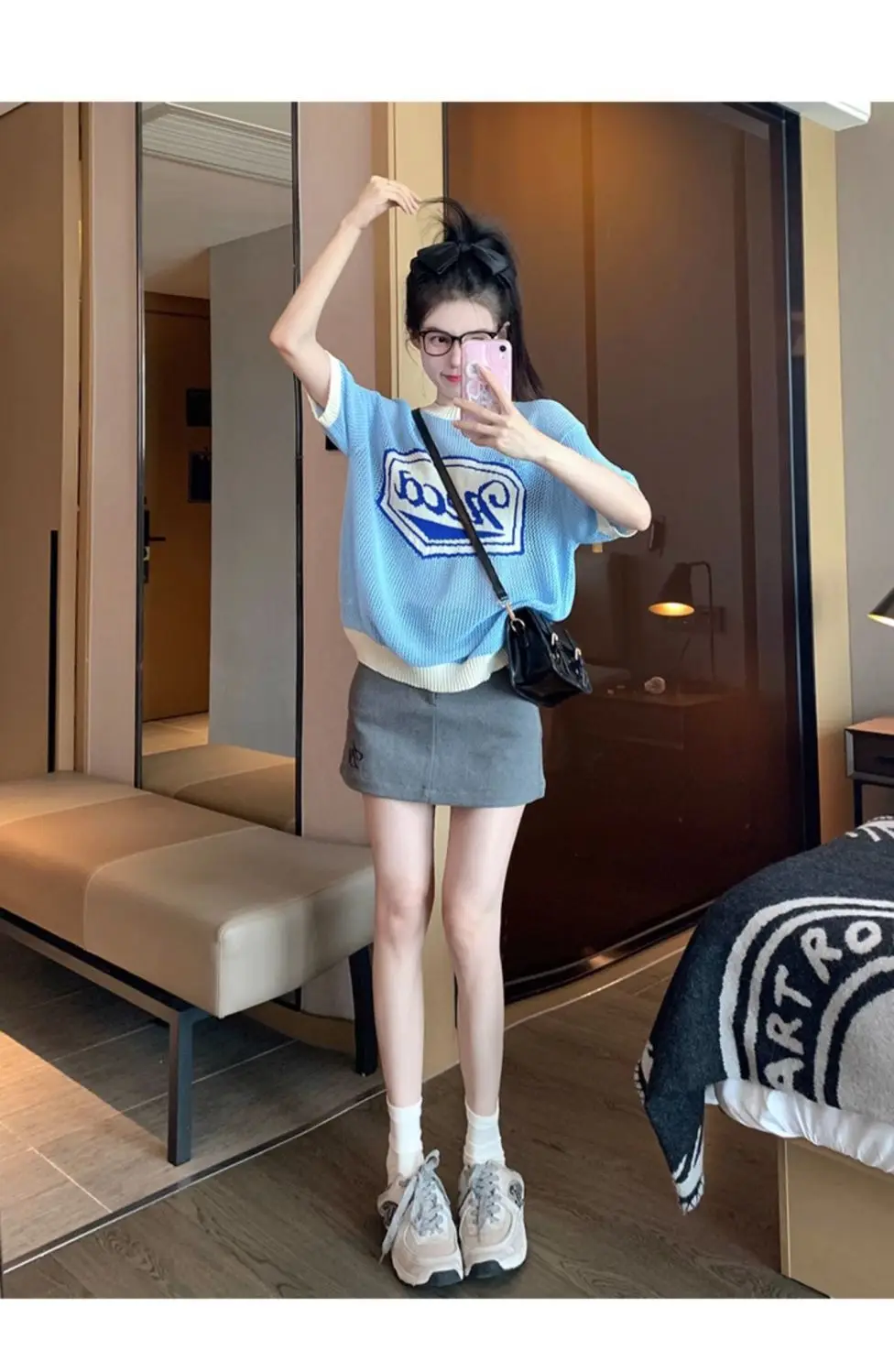 Korea Blue Hollowed Out O-Neck Letter Short Sleeve Women'S Pullover Top Summer T-Shirt Korean Simple Loose Casual