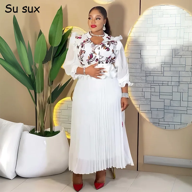 

Африканские платья для женщин: шифоновое макси-платье с вышивкой, африканская одежда, весна 2026, элегантное платье с рукавами-фонариками и завышенной талией