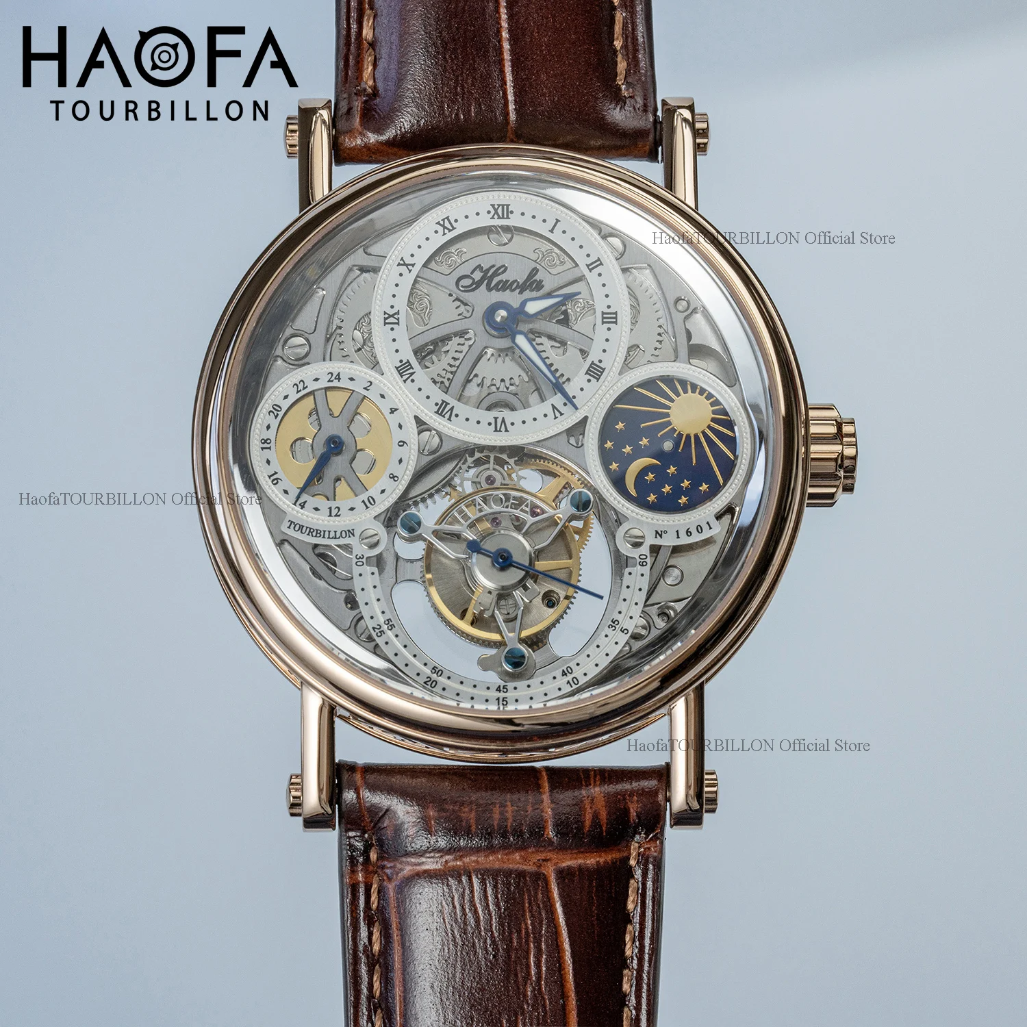 Haofa Watch 1601 Skeleton GMT Tourbillon Watch for Men Sapphire Mechancial Movement Wristwatches Day And Night Mens Watch