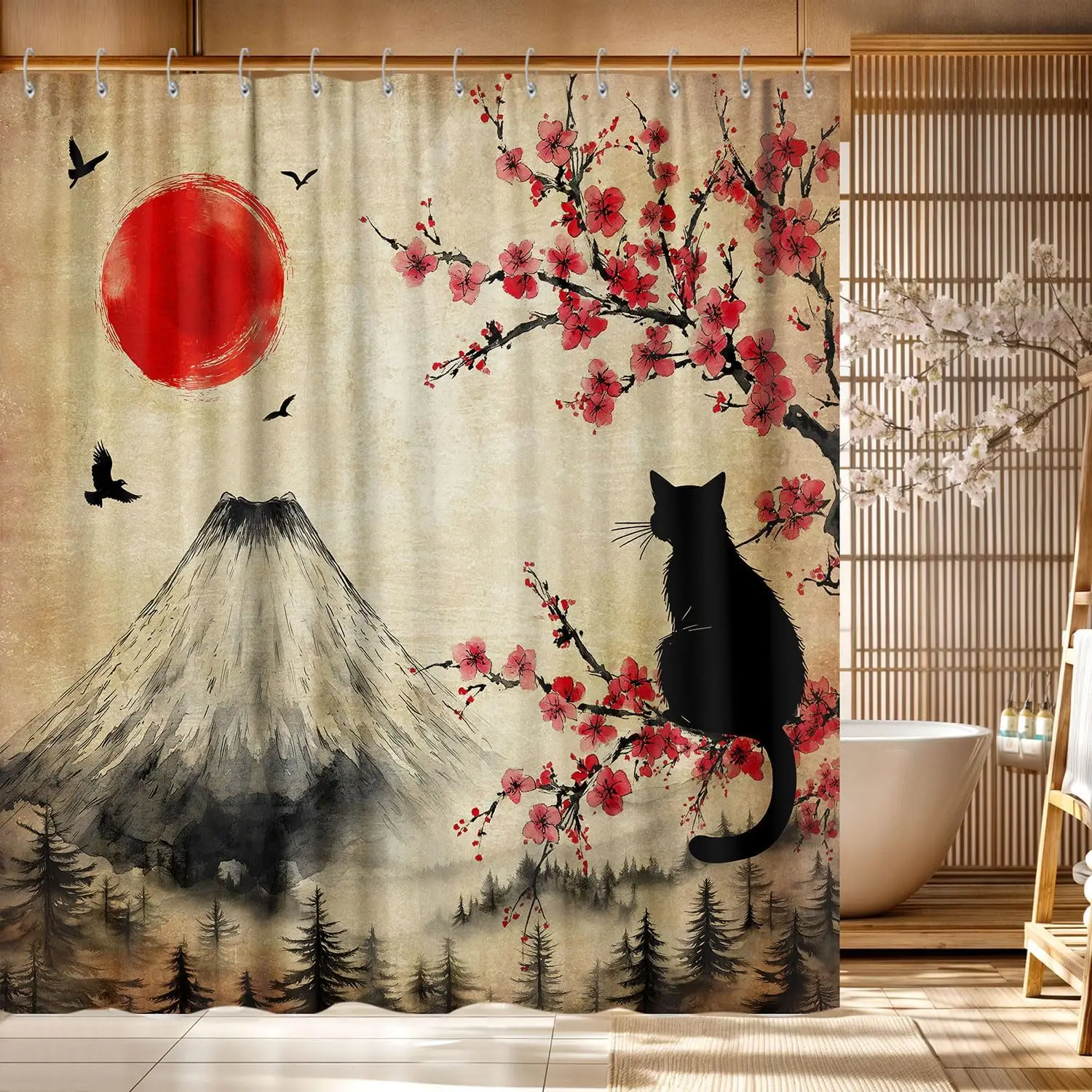 

Забавная занавеска для душа с котиками, винтажным цветочным узором, изображением вишневого цвета, гор и солнца, крутой аниме-дизайн, абстрактный декор для ванной комнаты с крючками