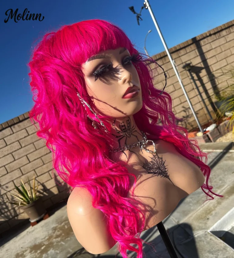 Rose Pink Body Wave Lace Front Wig With Bangs 13x4 HD Pre Plucked Glueless Synthetic Lace Frontal Wig Daily Cosplay On Clearance