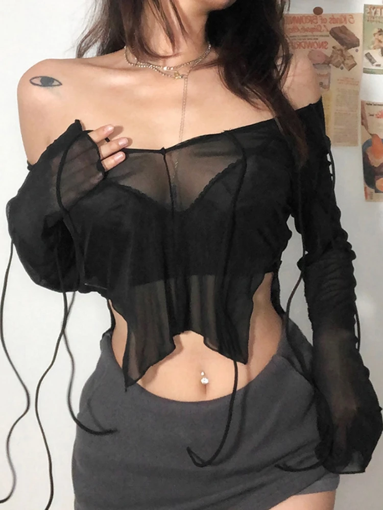 Maglia trasparente Maglietta nera Crop Top Donna Y2k Accessori Camicia femminista con lacci Manica lunga Camisetas Slim Fit Ropa De Mujer