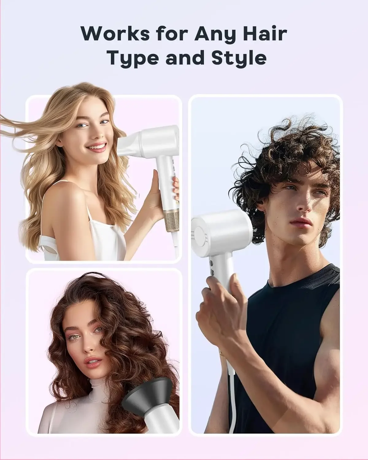 Ionic Blow Dryer with 150000 RPM High Speed Brushless Motor for Fast Drying, Low Noise, HD Display Hair Dryer with Diffuser and