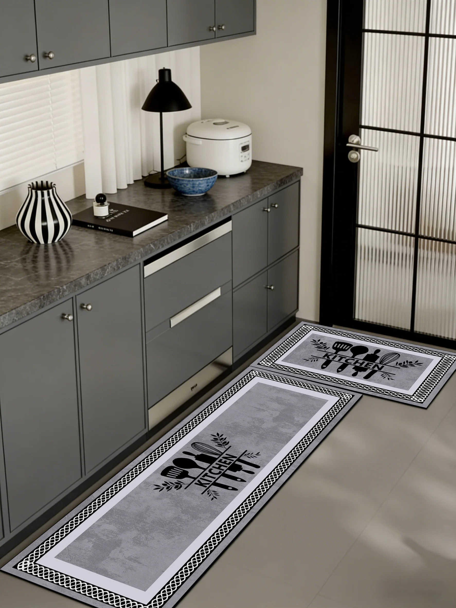New Grey Layered Nested Rectangular Geometric Kitchen & Bath Mat, Non-Slip, Highly Absorbent, Easy to Clean.