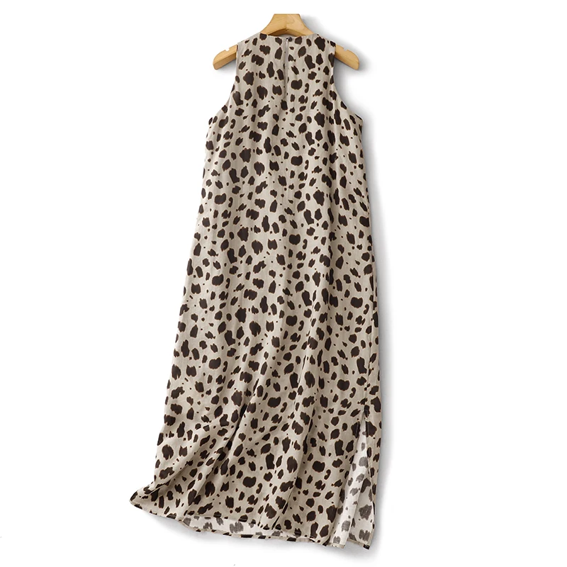 Neue Mode Leopard Print Ärmellose Weste Kleid Für Frauen Sommer Oansatz Lose Urlaub Lange Kleid Casual Büro Dame Kleid