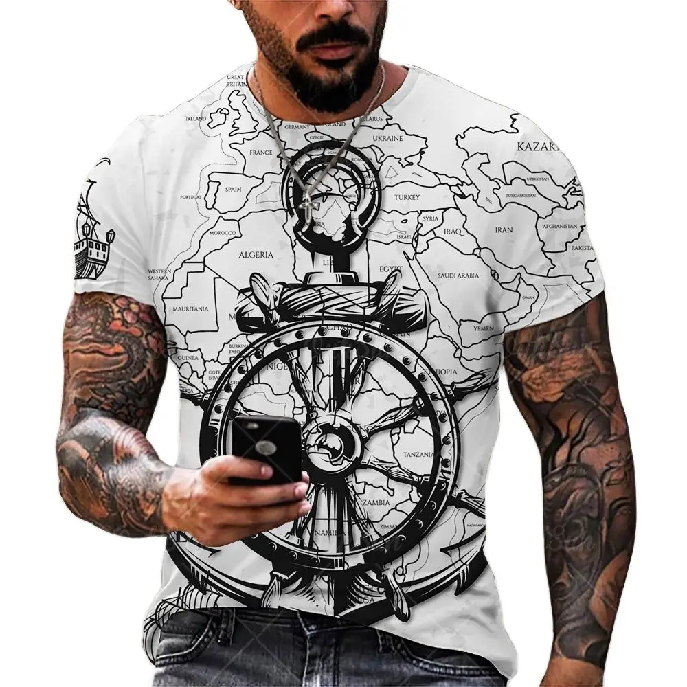 Camiseta con estampado 3D de ancla para hombre, camiseta de verano de secado rápido transpirable con cuello redondo, manga corta, estilo europeo y