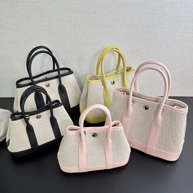 

Canvas Splicing Cowhide Garden Bag Mini Handbag Large Capacity Contrasting Color Shoulder Messenger Bag Small Women's Bag