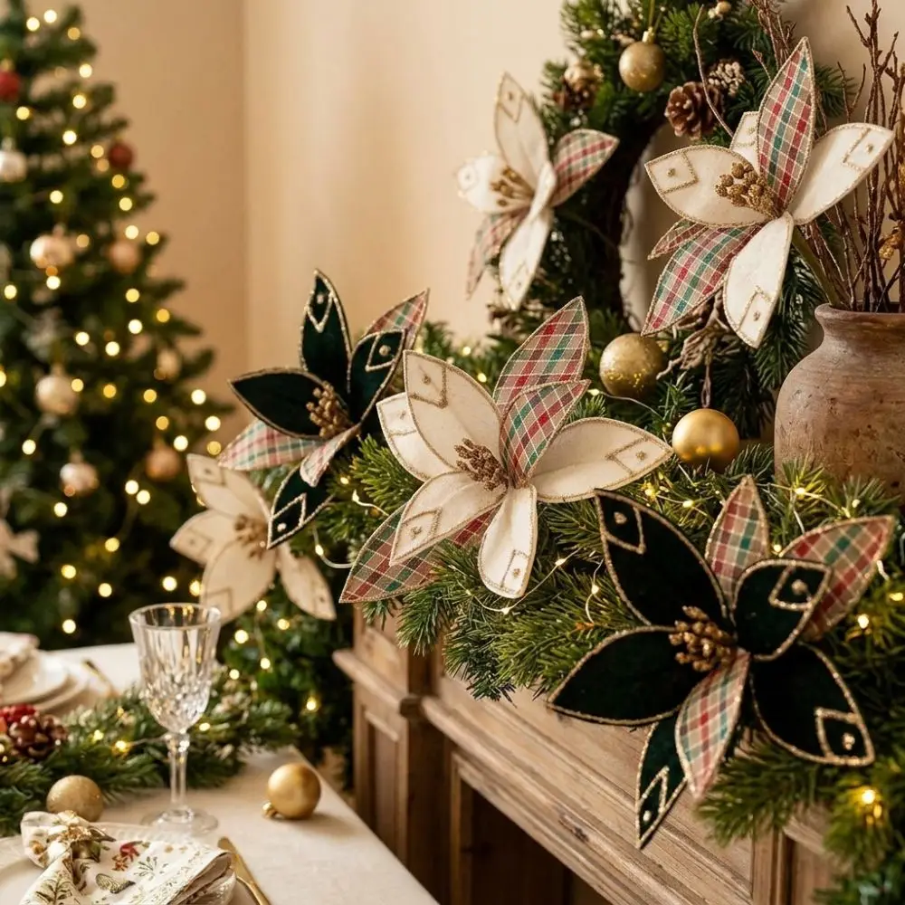 Realistic Artificial Christmas Flower Handmade Flocking Xmas Tree Flower Simulation Lifelike Holiday Flower Stem Home Decor