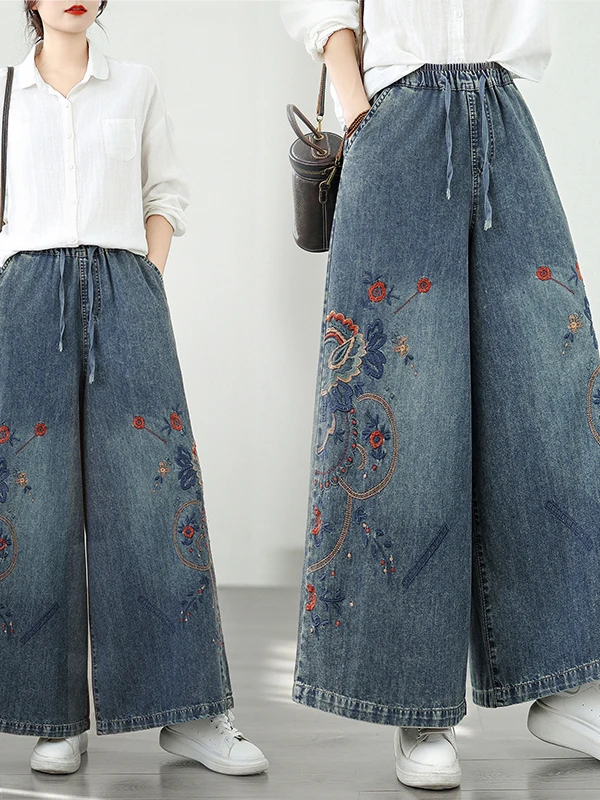 

Retro Embroidered Wide Leg Jeans Women's Straight Leg Pants High Waist Cotton Polyester Blend Floral Pattern Water Waed